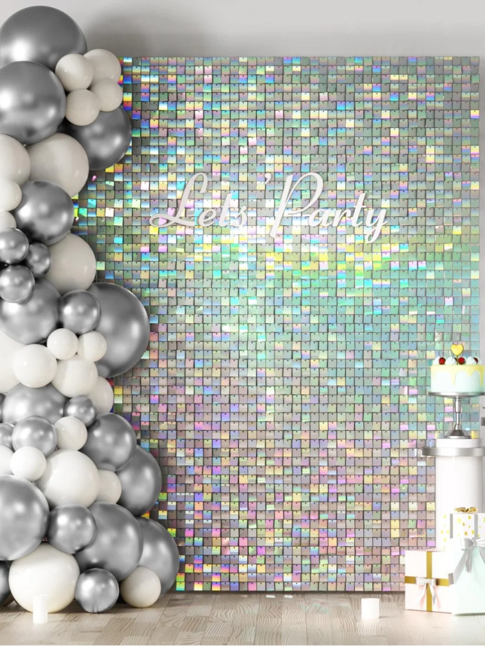 Silver & White Balloon Garland Party Backdrop - Lets' Party